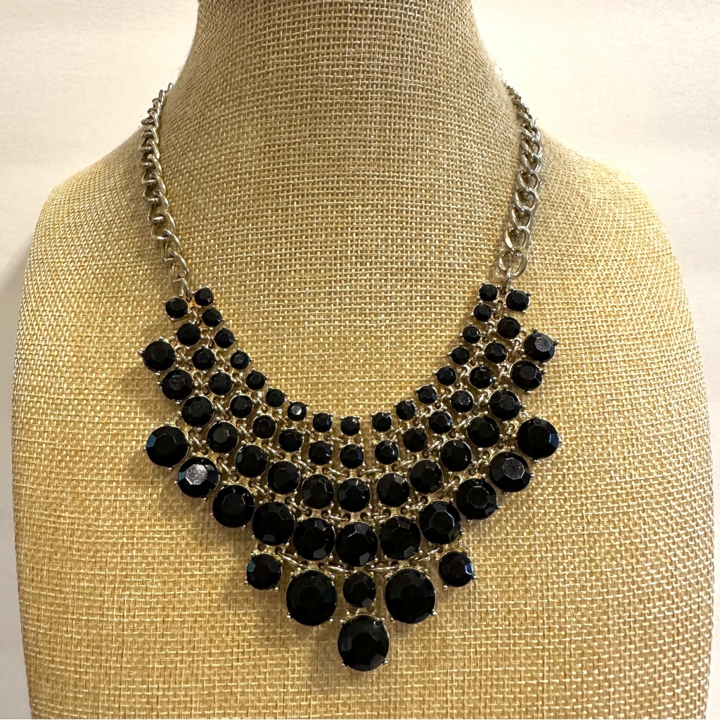 14th Union Statement Necklace Gold Tone W Black Acrylic Faceted Rhinestones 25$